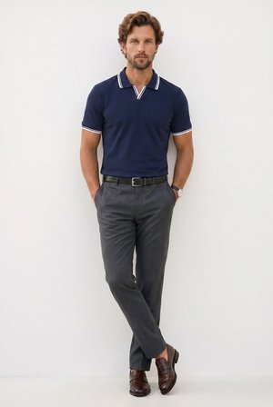 Erkek Slim Fit Dar Kesim %100 Pamuklu Çizgili Detaylı V Yaka Lacivert Polo Yaka Tişört