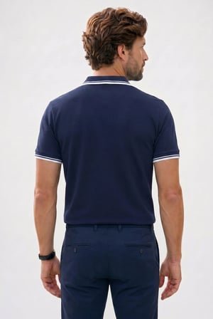 Erkek Slim Fit Dar Kesim %100 Pamuklu Çizgili Detaylı V Yaka Lacivert Polo Yaka Tişört