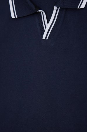 Erkek Slim Fit Dar Kesim %100 Pamuklu Çizgili Detaylı V Yaka Lacivert Polo Yaka Tişört