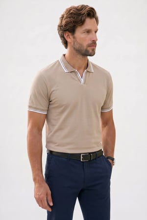 Erkek Slim Fit Dar Kesim %100 Pamuklu Çizgili Detaylı V Yaka Taş Polo Yaka Tişört
