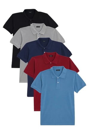 Erkek 5'li Paket Siyah-Gri-Lacivert-Mavi-Bordo Slim Fit Dar Kesim Pamuklu Düz Pike Polo Yaka Tişört