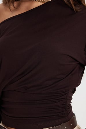 Kadın Regular Fit Klasik Kesim Kısa Kollu Beli Büzgülü Kahverengi Bluz