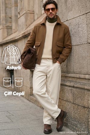Erkek Regular Fit Rahat Kesim Fermuarlı Astarlı Çift Cep Detaylı Kahverengi Mont