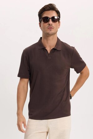 Erkek Slim Fit Dar Kesim Pamuklu Kısa Kollu Çizgili Kahverengi Polo V Yaka Tişört