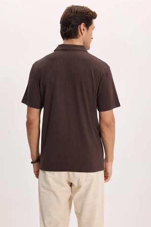 Erkek Slim Fit Dar Kesim Pamuklu Kısa Kollu Çizgili Kahverengi Polo V Yaka Tişört