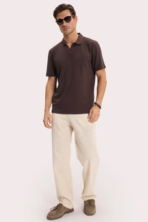 Erkek Slim Fit Dar Kesim Pamuklu Kısa Kollu Çizgili Kahverengi Polo V Yaka Tişört