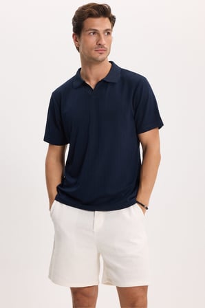 Erkek Slim Fit Dar Kesim Pamuklu Kısa Kollu Çizgili Lacivert Polo V Yaka Tişört