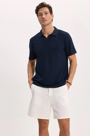Erkek Slim Fit Dar Kesim Pamuklu Kısa Kollu Çizgili Lacivert Polo V Yaka Tişört