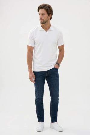 Erkek Slim Fit Dar Kesim Pamuklu Kısa Kollu Çizgili Ekru Polo V Yaka Tişört