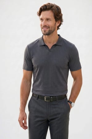 Erkek Slim Fit Dar Kesim Pamuklu Kısa Kollu Çizgili Antrasit Polo V Yaka Tişört