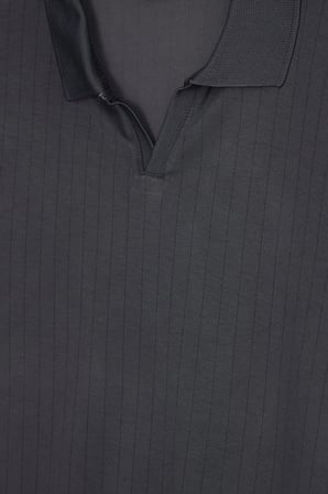 Erkek Slim Fit Dar Kesim Pamuklu Kısa Kollu Çizgili Antrasit Polo V Yaka Tişört