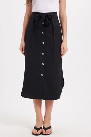 Kadın Slim Fit Dar Kesim Pileli Pamuklu Ön Düğme Kapamalı Kuşaklı Yırtmaçlı Siyah Etek 