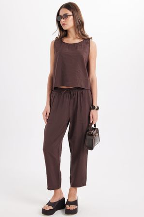 Kadın Standart Fit Normal Kesim Likralı Bisiklet Yaka Bluz Geniş Paça Kahverengi Pantolon Takım