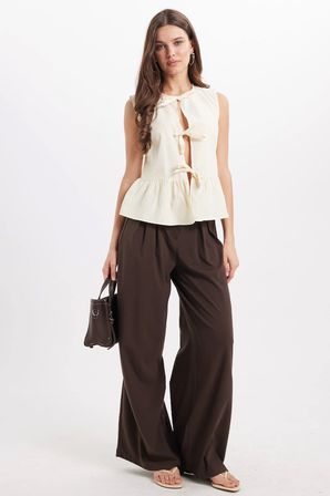 Kadın Slim Fit Dar Kesim Önden Bağlamalı Pamuklu Çizgili Sarı Bluz