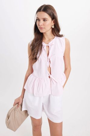 Kadın Slim Fit Dar Kesim Önden Bağlamalı Pamuklu Çizgili Pembe Bluz