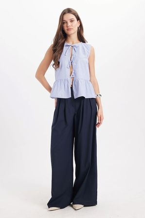 Kadın Slim Fit Dar Kesim Önden Bağlamalı Pamuklu Çizgili Mavi Bluz