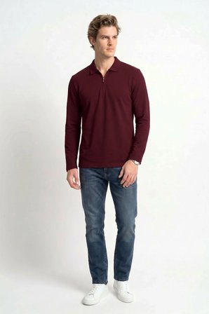 Erkek Standart Fit Normal Kesim Pamuklu Uzun Kollu Fermuarlı Bordo Polo Yaka Tişört