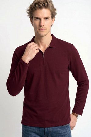 Erkek Standart Fit Normal Kesim Pamuklu Uzun Kollu Fermuarlı Bordo Polo Yaka Tişört