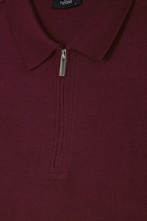 Erkek Standart Fit Normal Kesim Pamuklu Uzun Kollu Fermuarlı Bordo Polo Yaka Tişört