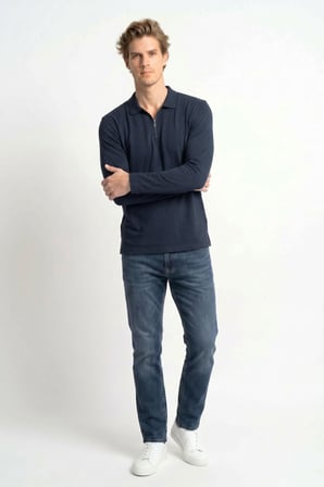 Erkek Standart Fit Normal Kesim Pamuklu Uzun Kollu Fermuarlı Lacivert Polo Yaka Tişört