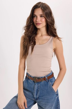 Kadın Standart Fit  Normal Kesim Kolsuz Halter Yaka Bej Crop Atlet