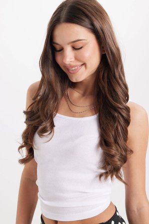 Kadın Slim Fit Dar Kesim Askılı Kare Yaka Pamuklu Beyaz Crop Atlet