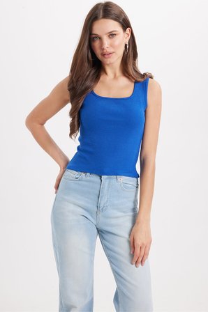Kadın Slim Fit Dar Kesim Askılı Kare Yaka Pamuklu Saks Mavi Crop Atlet