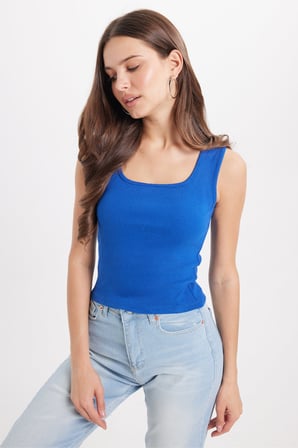 Kadın Slim Fit Dar Kesim Askılı Kare Yaka Pamuklu Saks Mavi Crop Atlet