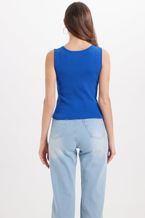 Kadın Slim Fit Dar Kesim Askılı Kare Yaka Pamuklu Saks Mavi Crop Atlet