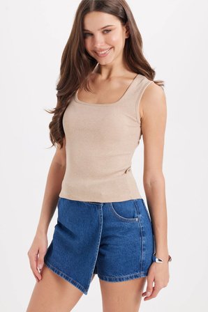 Kadın Slim Fit Dar Kesim Askılı Kare Yaka Pamuklu Vizon Crop Atlet