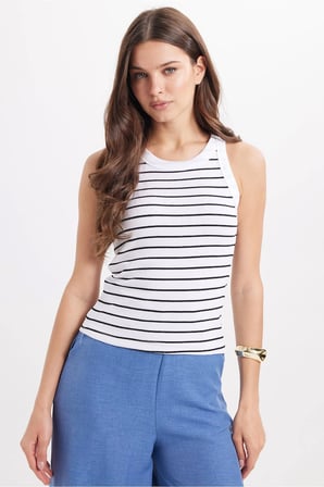 Kadın Slim Fit Dar Kesim Pamuklu Askılı Bisiklet Yaka Çizgili Beyaz Crop Atlet