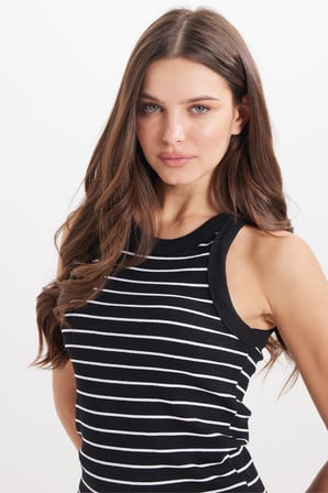 Kadın Slim Fit Dar Kesim Pamuklu Askılı Bisiklet Yaka Çizgili Siyah Crop Atlet