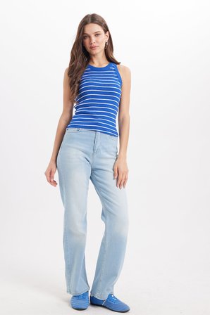 Kadın Slim Fit Dar Kesim Pamuklu Askılı Bisiklet Yaka Çizgili Saks Mavi Crop Atlet
