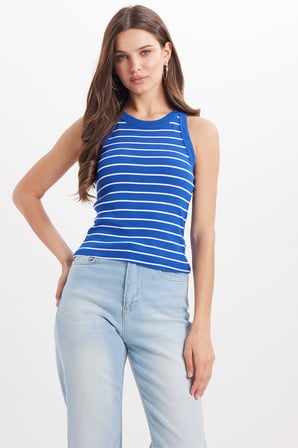 Kadın Slim Fit Dar Kesim Pamuklu Askılı Bisiklet Yaka Çizgili Saks Mavi Crop Atlet