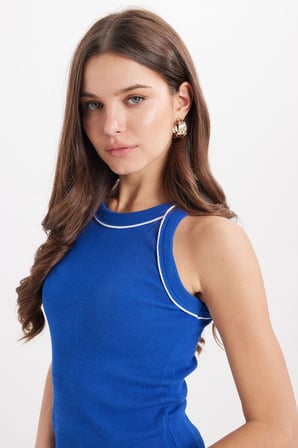 Kadın Slim Fit Dar Kesim Pamuklu Askılı Bisiklet Yaka Biyeli Saks Mavi Crop Atlet