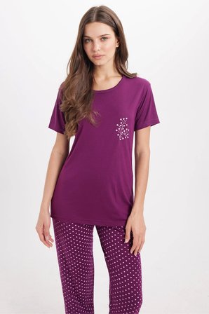 Kadın Standart Fit Normal Kesim Bisiklet Yaka Kısa Kollu Baskılı Mor Pijama Takımı