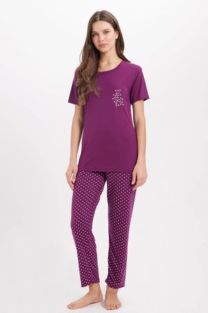 Kadın Standart Fit Normal Kesim Bisiklet Yaka Kısa Kollu Baskılı Mor Pijama Takımı