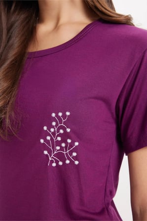 Kadın Standart Fit Normal Kesim Bisiklet Yaka Kısa Kollu Baskılı Mor Pijama Takımı