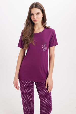 Kadın Standart Fit Normal Kesim Bisiklet Yaka Kısa Kollu Baskılı Mor Pijama Takımı
