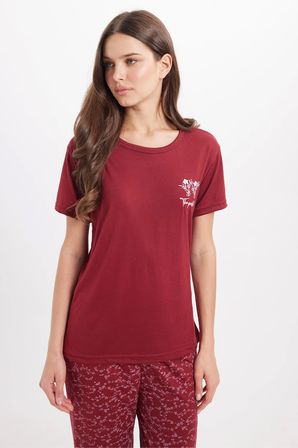 Kadın Standart Fit Normal Kesim Bisiklet Yaka Kısa Kollu Baskılı Bordo Pijama Takımı