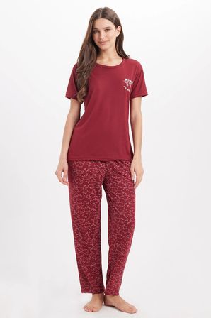 Kadın Standart Fit Normal Kesim Bisiklet Yaka Kısa Kollu Baskılı Bordo Pijama Takımı