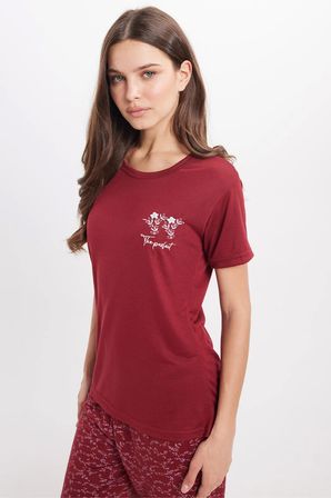 Kadın Standart Fit Normal Kesim Bisiklet Yaka Kısa Kollu Baskılı Bordo Pijama Takımı