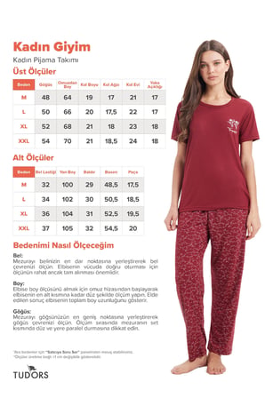 Kadın Standart Fit Normal Kesim Bisiklet Yaka Kısa Kollu Baskılı Bordo Pijama Takımı