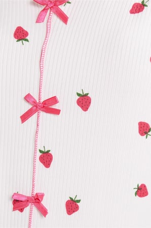 Kadın Standart Fit Normal Kesim Fitilli Görünüm Fiyonk Detaylı Kısa Kol Baskılı Ekru Pijama Takımı
