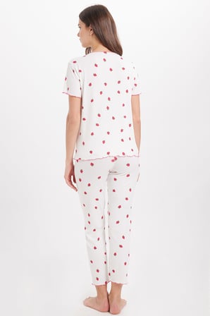 Kadın Standart Fit Normal Kesim Fitilli Görünüm Fiyonk Detaylı Kısa Kol Baskılı Ekru Pijama Takımı