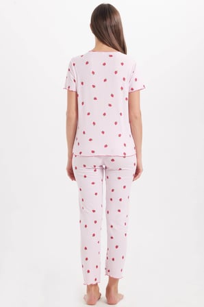 Kadın Standart Fit Normal Kesim Fitilli Görünüm Fiyonk Detaylı Kısa Kol Baskılı Pembe Pijama Takımı