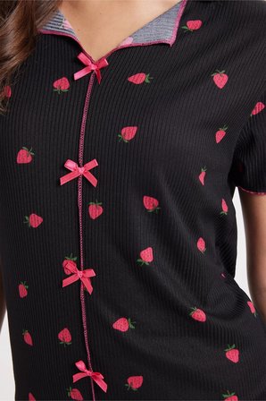 Kadın Standart Fit Normal Kesim Fitilli Görünüm Fiyonk Detaylı Kısa Kol Baskılı Siyah Pijama Takımı