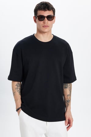 Unisex Oversize Geniş Kesim %100 Pamuk Yumuşak Dokulu Basic Bisiklet Yaka Siyah Tişört