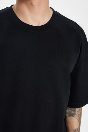 Unisex Oversize Geniş Kesim %100 Pamuk Yumuşak Dokulu Basic Bisiklet Yaka Siyah Tişört