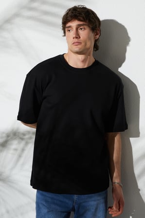 Unisex Oversize Geniş Kesim %100 Pamuk Yumuşak Dokulu Basic Bisiklet Yaka Siyah Tişört